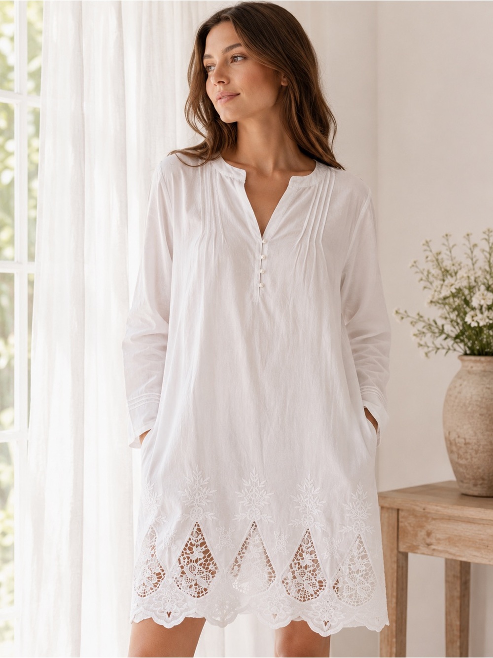 Etam White Cotton Lace NightDress Nightgown Cover Up Pockets Medium Romantic
